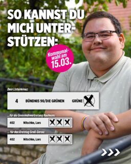 Ihr Lieben,

viele von euch kennen mich schon lange – andere vielleicht nur vom Sehen. Vielleicht auch noch als Verkäufer von der Tankstelle oder im SchriftArt. Aber vielleicht wissen nicht alle, wer ich bin und warum ich Politik mache.

Ich bin Lars, 28 Jahre alt, beende bald mein Studium der Politikwissenschaft an der TU Darmstadt und arbeite als Landesgeschäftsführer eines Jugendverbandes.

Politik begleitet mich seit über der Hälfte meines Lebens. Angefangen hat alles mit 12 Jahren im Nauheimer Kinder- und Jugendparlament. Damals war ich eher schüchtern – ich hätte mir nie vorstellen können, politische Verantwortung zu übernehmen oder vor vielen Menschen zu sprechen. Dort habe ich gelernt: Jede Stimme zählt – auch meine eigene. Diese Erfahrung hat mich geprägt.

2016 wurde ich mit 18 als jüngster Gemeindevertreter Nauheims gewählt und trete zu dieser Wahl erneut als jüngster Mandatsträger an. Seit 2016 bin ich Mitglied im Ausschuss für Soziales, Sport, Kultur und Integration. Seit 2021 bin ich außerdem Kreistagsabgeordneter im Kreis Groß-Gerau – Mitglied im Jugendhilfeausschuss und stellvertretender Vorsitzender des Umweltausschusses.

Für mich gehören Umwelt- und Klimaschutz und soziale Politik zusammen. Passend dazu engagiere ich mich ehrenamtlich – zum Beispiel als Lebensmittelretter bei „Essen für Alle“.

Parteipolitisch aktiv bin ich seit 2017. Heute engagiere ich mich unter anderem als Sprecher der GRÜNEN JUGEND GG, als Vorsitzender des GRÜNEN Ortsverbandes Nauheim und seit 2019 im Kreisvorstand. Außerdem durfte ich als Direktkandidat zur Bundestagswahl 2021 und zur Landtagswahl 2023 antreten.

Ich bin ein empathischer Mensch und versuche verschiedene Perspektiven zu verstehen. Trotz eigener Sorgen und Herausforderungen schaue ich hoffnungsvoll in die Zukunft – mit einem gesunden Maß Idealismus.

Ich möchte mich auch in Zukunft mit voller Kraft für Nauheim und den Kreis Groß-Gerau einsetzen. Dafür brauche ich eure Unterstützung bei der Kommunalwahl 💚

✔️ Listenkreuz bei BÜNDNIS 90/DIE GRÜNEN
✔️ Jeweils bis zu 3 Stimmen für mich

Schreibt mir oder sprecht mich an – Politik lebt vom Austausch.

#GemeinsamGehts